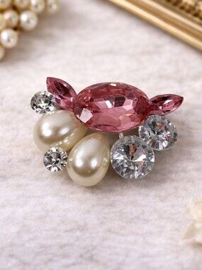 Vintage Faux Pearl & Pink Rhinestone Brooch With Elegant Silver Backing